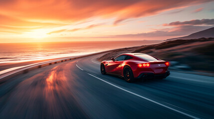 A modern sports car speeding down a coastal highway at sunset the ocean glittering in the...