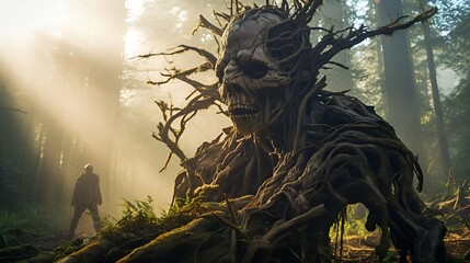 Frozen in Statues, skeleton  Entwined with Enchanted Branches , forest, Halloween, mystical, mythical statue with branches  - obrazy, fototapety, plakaty