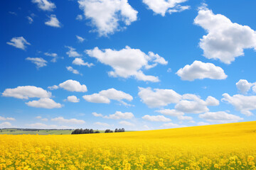 Obraz premium Yellow flowering canola on green field, in the style of australian landscape, bold chromaticity, expansive skies, light sky-blue, samyang af 14mm f/2.8 rf, unprimed canvas, uhd image