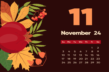 Floral November 2024 calendar template. With bright colorful flowers and leaves. Editable page template with illustrations. Vector mesh. The week starts on Sunday.
