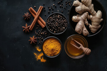 Fototapeta na wymiar Variety of Indian chai spices. Top view