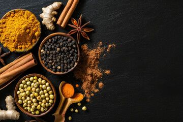 Variety of Indian chai spices. Top view - obrazy, fototapety, plakaty