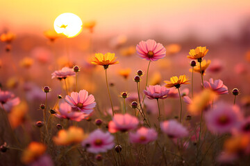 Colorful flowers in summer horizon, in the style of soft focus romanticism, light orange and magenta, samyang 14mm f/2.8 if ed umc aspherical, shaped canvas, light brown and yellow, cu