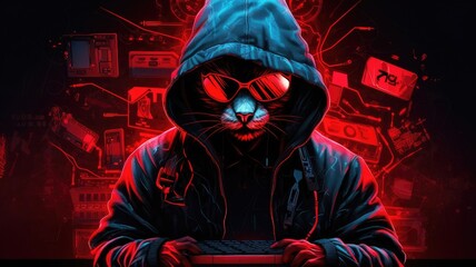 A cat in a hood and glasses looks forward in close-up and holds a keyboard in his hands. Neon style. The cat is a gamer, a hacker.