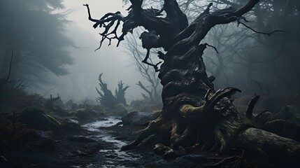 Early foggy morning, Fantasy mystic bent tree trunk forest, old tree in the forest, A mystical...