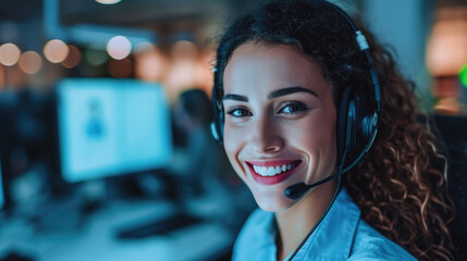 Female telemarketer support consultant, telephone customer helpdesk service operator woman smiling	 - obrazy, fototapety, plakaty