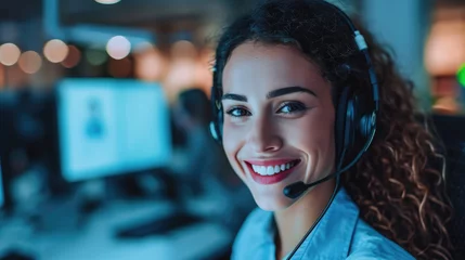Deurstickers Female telemarketer support consultant, telephone customer helpdesk service operator woman smiling  © AdamantiumStock
