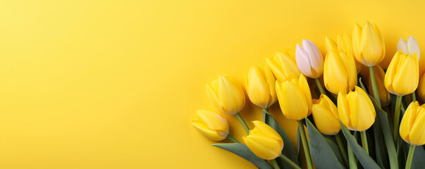 Bouquet tulips on a bright yellow background, in the style of minimalist objects, motion blur panorama, shaped canvas, minimalist backgrounds, website, kodak plus-x

