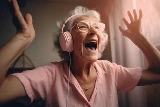 Happy excited elderly woman. Joyful senior lady with headphone listening to music. Generate ai