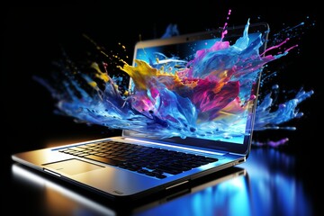 Captivating display. Lively multicolored paint splashes gently flowing from laptop screen