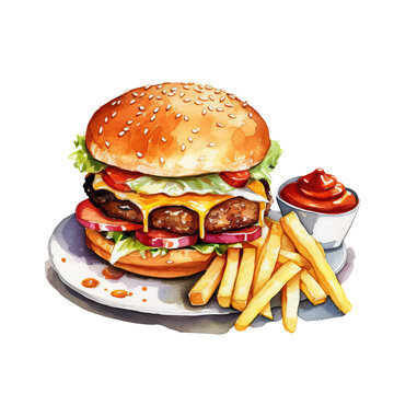 Cheeseburger Aquarell Kunst Bild Fast Food Illustration Pommes Frites Handgemalt Lebensmittel Kunstwerk Bunter Burger Leinwand Druck Küchendekor Restaurant Wandbild Geschenkidee