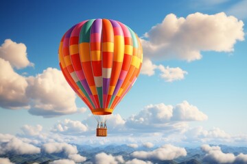 Naklejka premium Colorful Hot Air Balloon Floating in a Clear Sky, on an isolated Sky Blue background, Generative AI