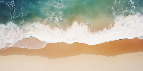 Sea aerial view of seascape ocean waves in sunny day beach sand concept. Top view from drone. Generative AI - obrazy, fototapety, plakaty