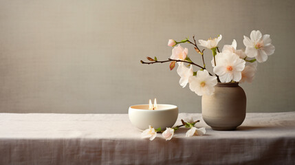 A vase of white flowers and two candles on a wooden table, in the style of minimalist backgrounds, light gray and pink, shaped canvas, natural fibers, sparse and simple, use of fabric, nature-inspired