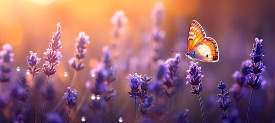 A butterfly sitting on lavender flowers in the morning, in the style of bokeh panorama, light...