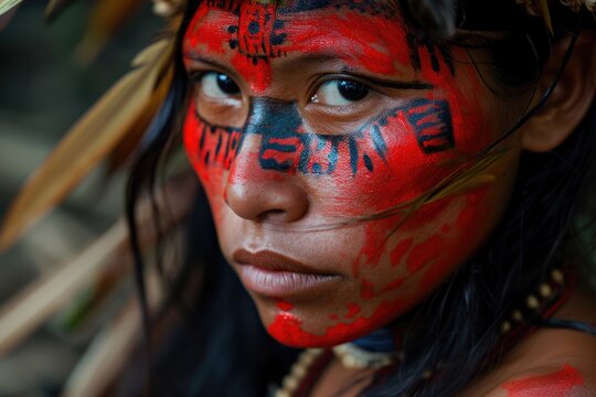 Indigenous Colors: A Captivating Face Photo of a Native Brazilian from the Panará - Krenakore Tribe, Adorned with Traditional Bold Red Face Paintings