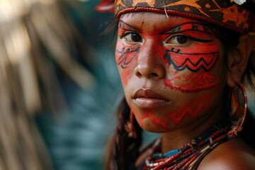 Indigenous Colors: A Captivating Face Photo of a Native Brazilian from the Panará - Krenakore Tribe, Adorned with Traditional Bold Red Face Paintings
