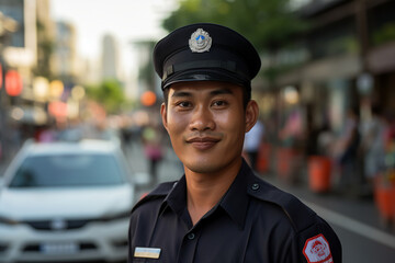 Obraz premium Young man woman working as police officer or cop closeup portrait blurred city background Generative AI