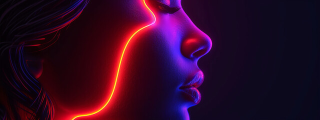 Luminous Emanation, Mesmerizing Aura of a Womans Face Illuminated by Neon Lights