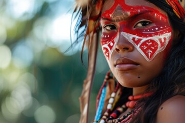 Indigenous Colors: A Captivating Face Photo of a Native Brazilian from the Panará - Krenakore Tribe, Adorned with Traditional Bold Red Face Paintings