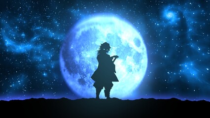 Fototapeta na wymiar anime character on the background of the moon, anime wallpaper, blue background, swordsman