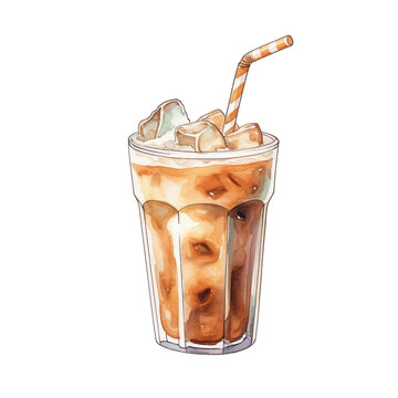 Iced Coffee Aquarell Kunst Bild Kalter Kaffee Glas Illustration Handgemalt Sommergetr&auml;nk Kaffeekunst Eisw&uuml;rfel Leinwanddruck Caf&eacute; Dekor Erfrischung Kunstwerk Geschenkidee Kaffeeliebhaber