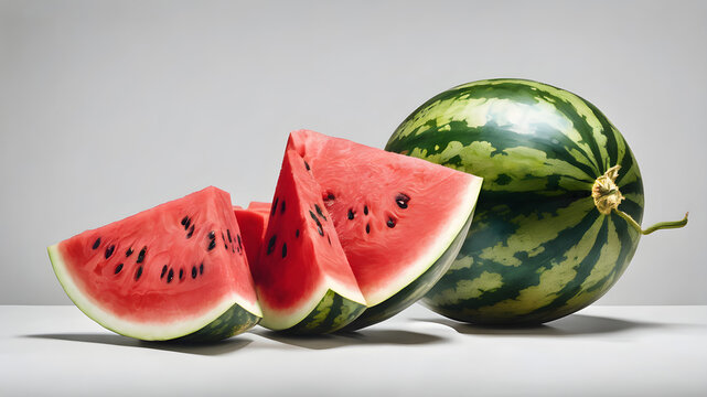Watercolor painting of ripe watermelon on white background. Generative AI