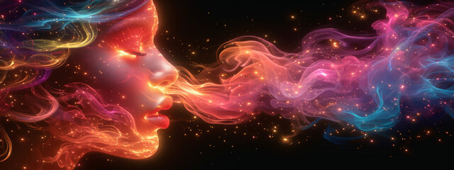 Ethereal Whimsy, A Kaleidoscope of Colorful Smoke Emanating From a Captivating Womans Visage