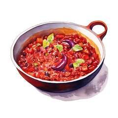 Chili con Carne Aquarell Kunst Bild Handgemalt Tex Mex Essen Illustration Eintopf Kochkunst K&uuml;chendekor Gew&uuml;rzte Mahlzeit Gem&uuml;se Kunstwerk Rote Bohnen Wandbild Geschenkidee Feuriges Gericht