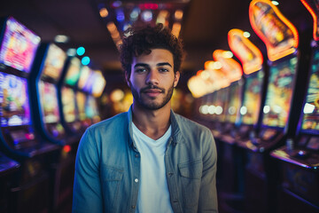 Fototapeta premium Slot machine 777 casino club poker night las vegas gaming concept Generative AI illustration
