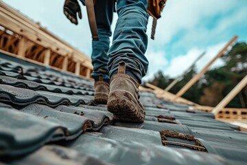 When working on the roof, a construction worker wears a seat belt. Generative Ai. - obrazy, fototapety, plakaty