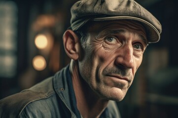 Obraz premium Aged male factory worker portrait. Old time industrial man employee manufacturing workplace. Generate ai