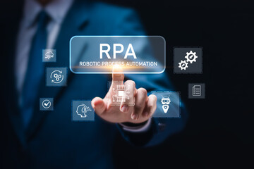 RPA (Robotic Process Automation system) concept, Businessman touch virtual screen of RPA icons for Robotic process automation technology to automate business tasks with AI.