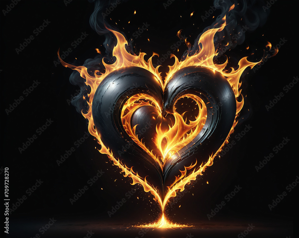 Wall mural flaming dark heart on a black background. Generated AI.