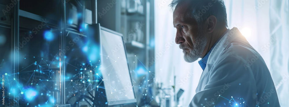 Poster Digital healthcare and network connection on hologram modern virtual screen interface, medical technology and network concept. doctor in a medical lab looks at his monitor.