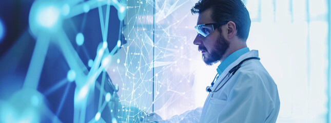 Digital healthcare and network connection on hologram modern virtual screen interface, medical technology and network concept. doctor in a medical lab looks at his monitor.
