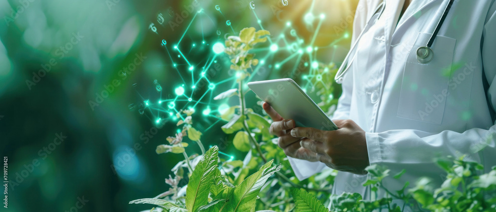 Poster doctor who is using a tablet, in the style of molecular structures.medical scientist in future science laboratory analysis interface display futuristic data diagram technology connection