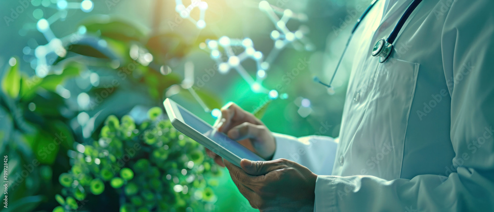 Fototapete doctor who is using a tablet, in the style of molecular structures.medical scientist in future science laboratory analysis interface display futuristic data diagram technology connection