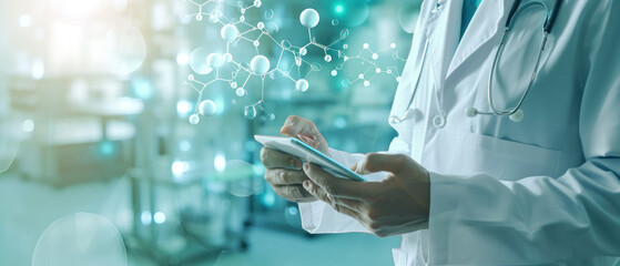 woman doctor research chemistry medicine health biology chart on hologram computer tablet. medical scientist in future science laboratory analysis interface display futuristic data diagram technology