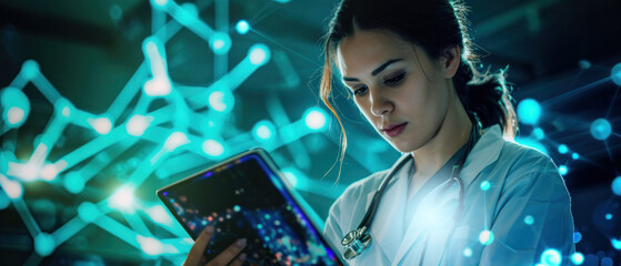 woman doctor research chemistry medicine health biology chart on hologram computer tablet. medical scientist in future science laboratory analysis interface display futuristic data diagram technology