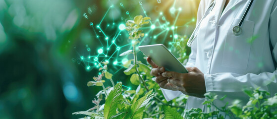 doctor who is using a tablet, in the style of molecular structures.medical scientist in future science laboratory analysis interface display futuristic data diagram technology connection