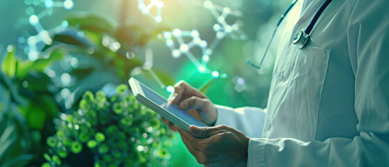 doctor who is using a tablet, in the style of molecular structures.medical scientist in future science laboratory analysis interface display futuristic data diagram technology connection