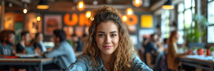 American smiley girl sitting at a table with several friends, spirit of diversity. collaborating and working together, shared ideas, and a vibrant atmosphere.