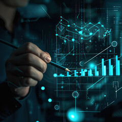 Businessman draw project plan and strategy for business growth on translucent screen and analyze economic business trend for sustainable growth and development to success of organization in the future