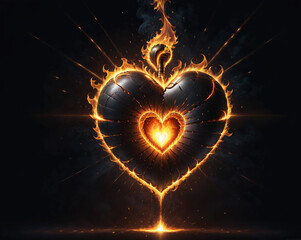 flaming dark heart on a black background. Generated AI.