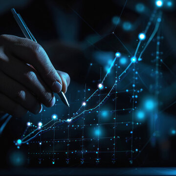 Businessman draw project plan and strategy for business growth on translucent screen and analyze economic business trend for sustainable growth and development to success of organization in the future