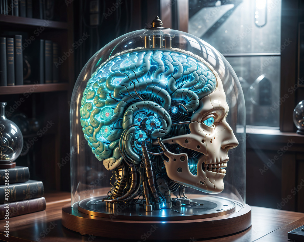 Poster an artificial intelligence head with brains. generated ai.