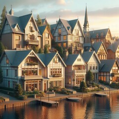 Fototapeta na wymiar a fictional town with European-style houses on the shore of a pond at sunset