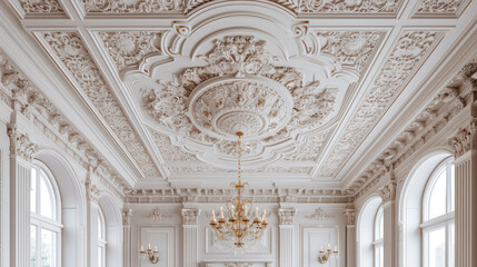 Obraz premium Interior of luxury chandelier lighting on marble white cream gold ceiling