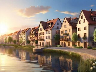Fototapeta na wymiar a fictional town with European-style houses on the shore of a pond at sunset